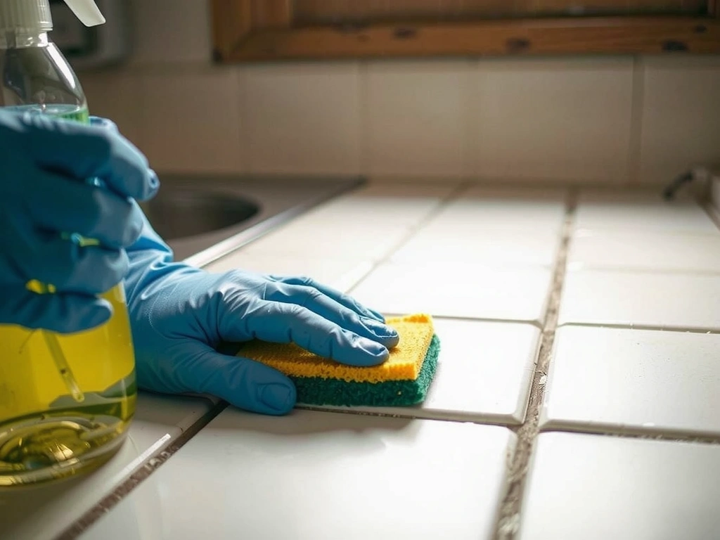 Manos limpiando una cocina de azulejos en Medellín