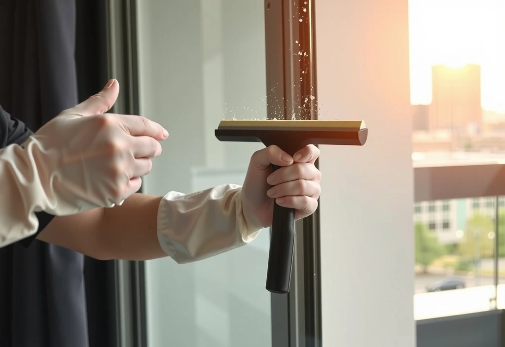 Mano con guante blanco limpia ventana de apartamento
